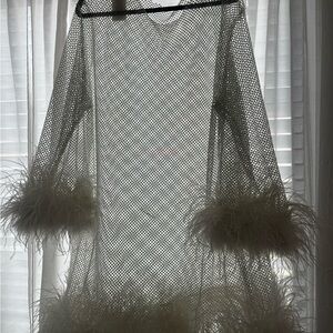 White Mesh Dress with Feather Trim